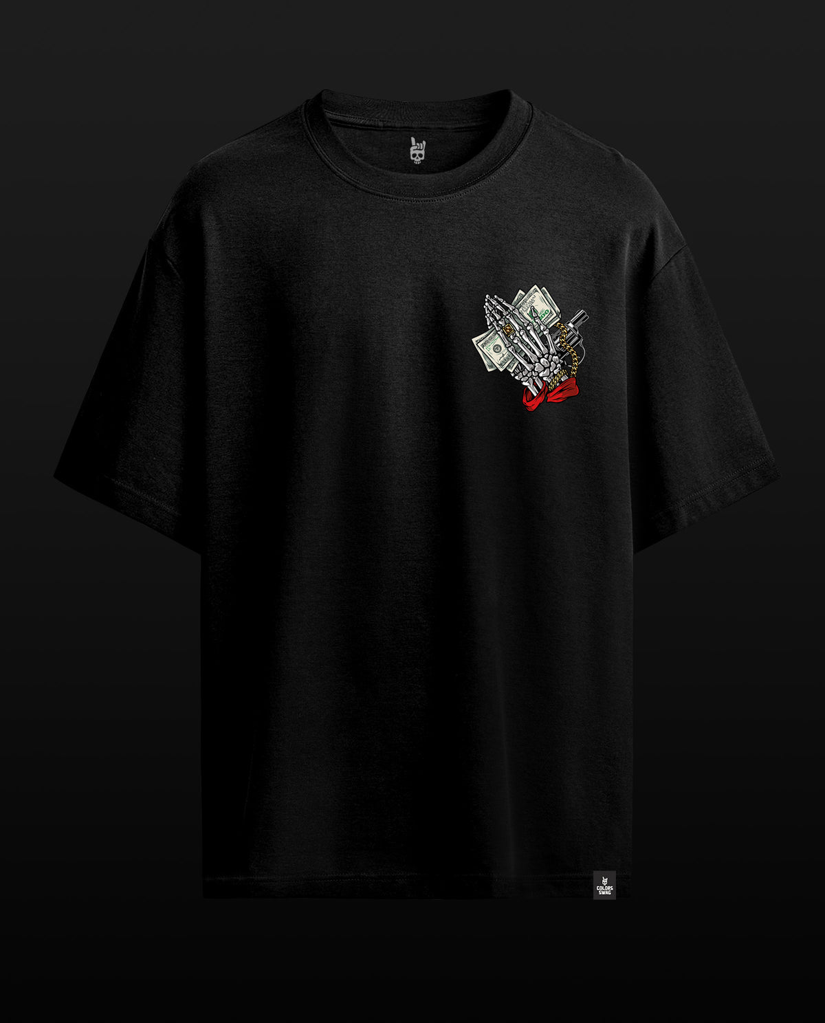 A black short-sleeve crewneck t-shirt with a small graphic on the left chest depicting stacked dollar bills and a red ribbon, set against a dark background.