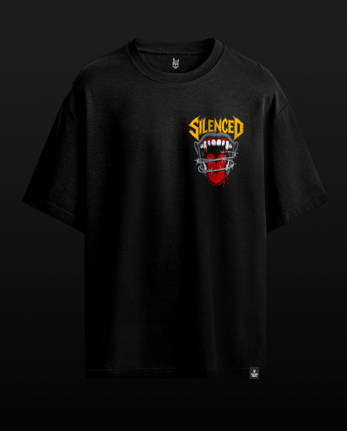 A black short-sleeve t-shirt with a graphic on the left chest featuring a screaming mouth with yellow 'SILENCED' text above it, shown against a dark background.