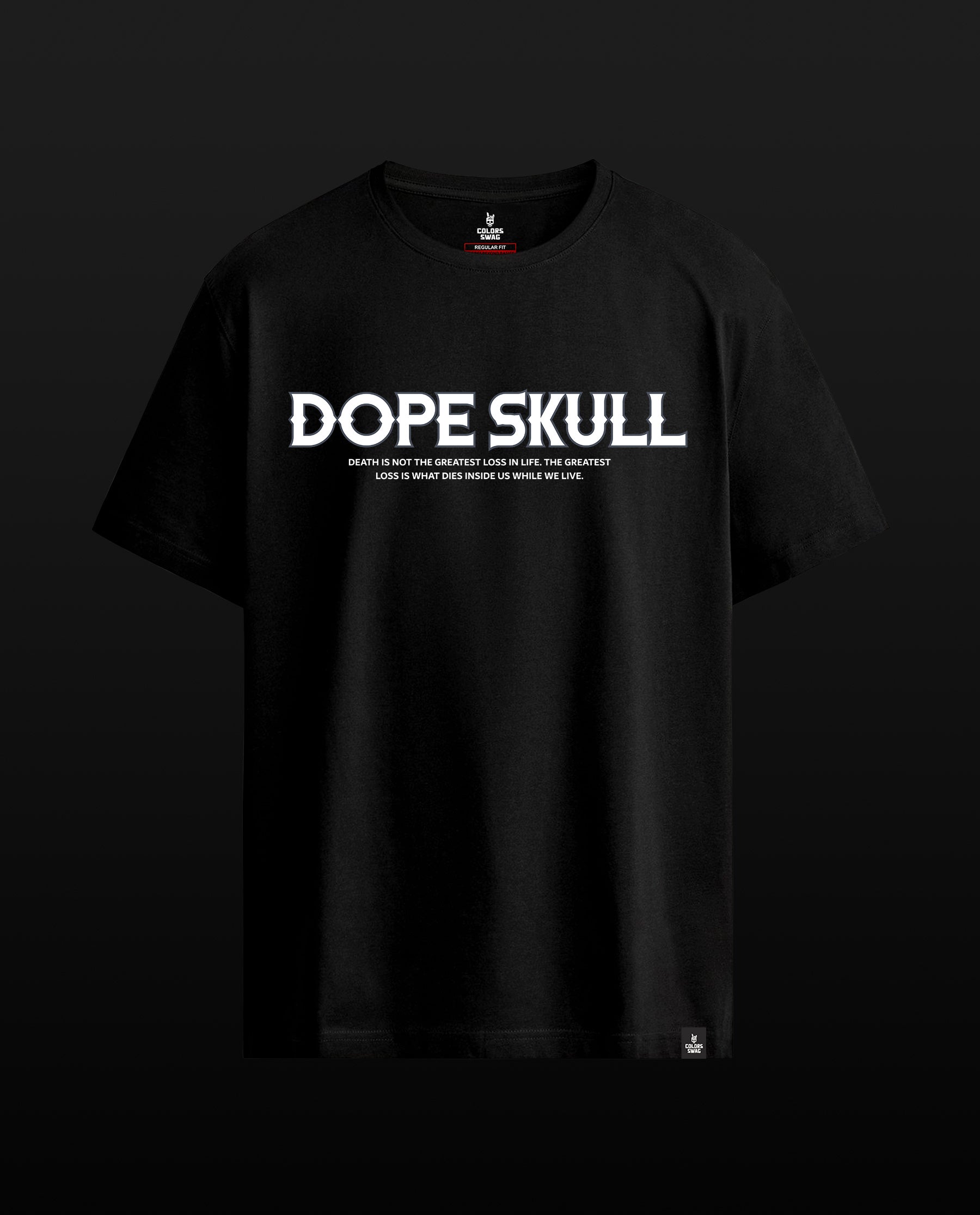 A black short-sleeve t-shirt with 'DOPE SKULL' printed in bold white letters across the chest, displayed against a dark black background.