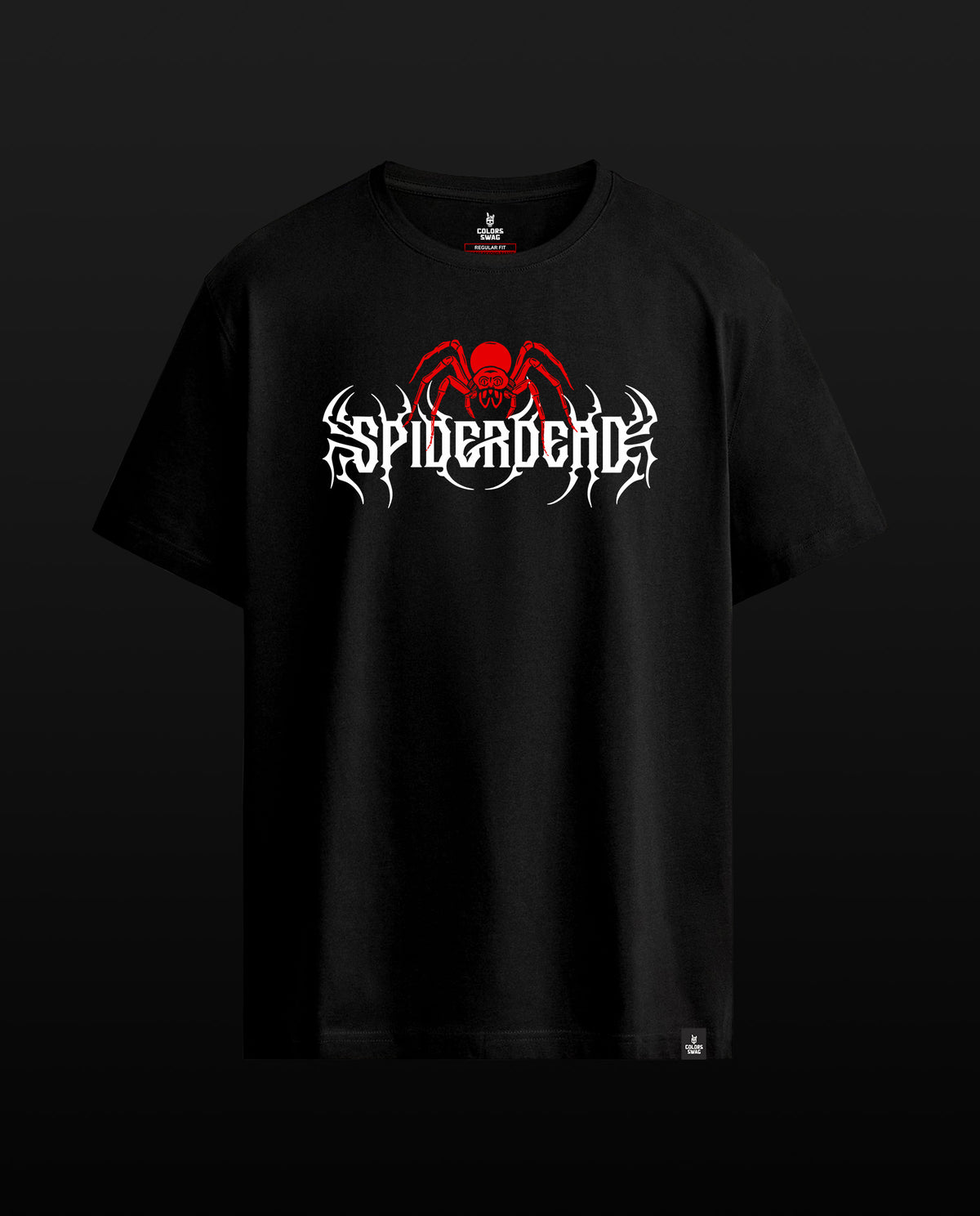 A black short-sleeve t-shirt with a gothic-style graphic on the chest featuring a red spider above stylized white text that reads 'SpideyDhoG' or similar, shown against a dark black background.