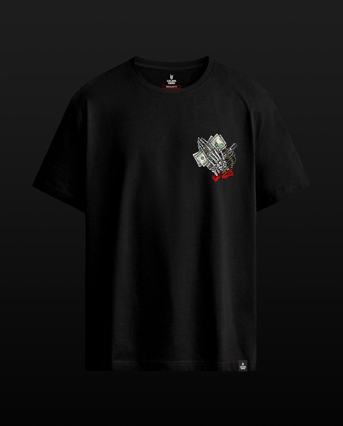 A black short-sleeve crewneck t-shirt with a small chest graphic depicting a stack of cash and a red envelope, displayed against a solid black background.