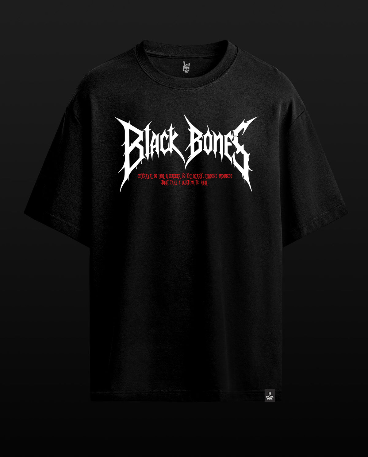 A black short-sleeve t-shirt with a stylized white 'Black Bones' logo and red text printed on the chest, displayed against a dark black background.