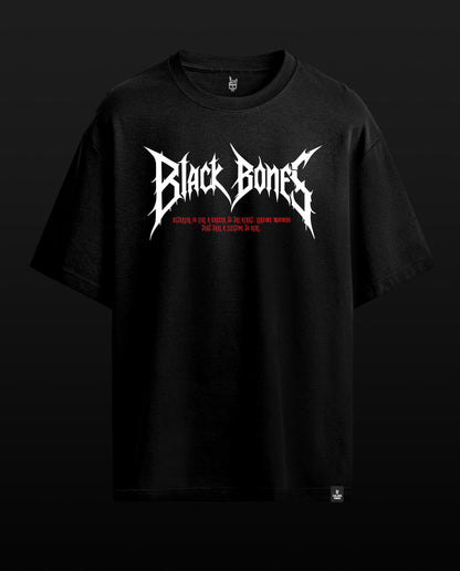 A black short-sleeve t-shirt with a stylized white 'Black Bones' logo and red text printed on the chest, displayed against a dark black background.