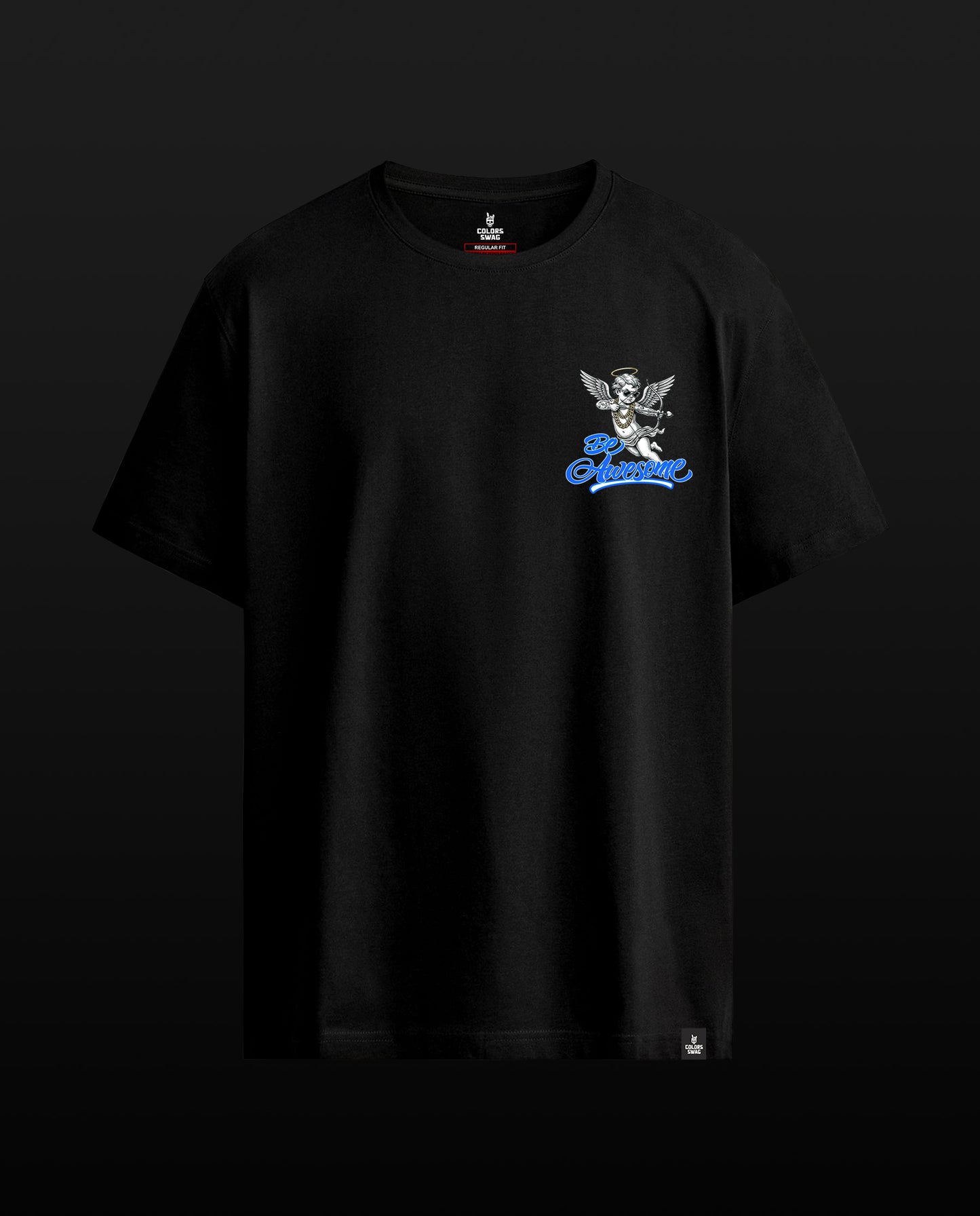 A black short-sleeve crewneck t-shirt featuring a small graphic on the left chest of a white angel with a blue banner that reads 'Benedicte'. The t-shirt is displayed against a solid black background.