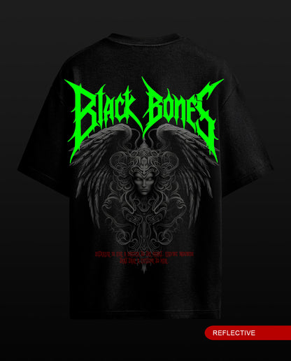 A black short-sleeve t-shirt shown from the back, featuring a large graphic print with a gray winged skull design, bright neon green 'Black Bones' text, and small red text near the bottom. A red 'REFLECTIVE' label is visible in the bottom right corner.