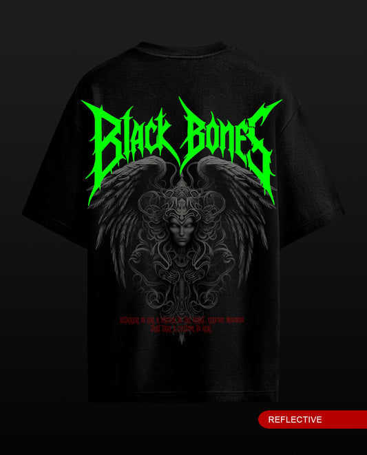 A black short-sleeve t-shirt shown from the back, featuring a large graphic print with a gray winged skull design, bright neon green 'Black Bones' text, and small red text near the bottom. A red 'REFLECTIVE' label is visible in the bottom right corner.