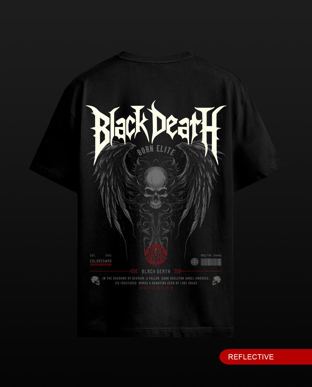 Black short-sleeve t-shirt shown from the back on a black background, featuring a large white 'Black Death' logo, a winged skull graphic, and red text and emblem details. A red 'REFLECTIVE' label appears at the bottom right.