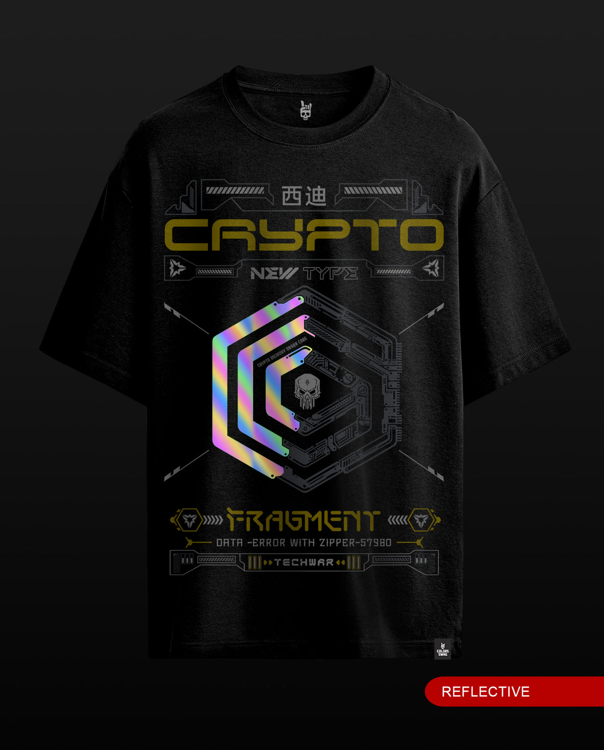 A black short-sleeve graphic T-shirt displayed on a dark background. The shirt features a large futuristic design with the word 'CRYPTO' in gold, a holographic geometric hexagon with a skull in the center, and additional gold and gray text including 'NEW TYPE' and 'FRAGMENT'.