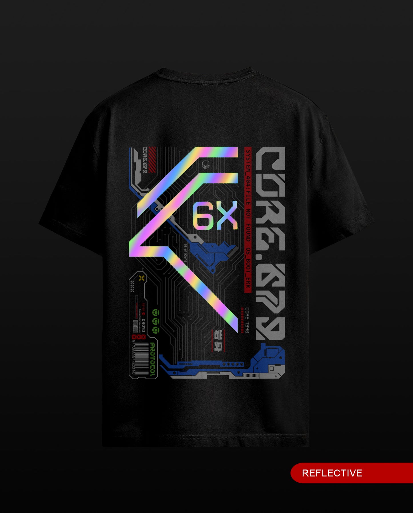 A black short-sleeve t-shirt shown from the back against a dark background, featuring a large futuristic graphic print with holographic rainbow accents, circuit board details, and vertical text. A red label in the bottom right corner reads 'REFLECTIVE'.